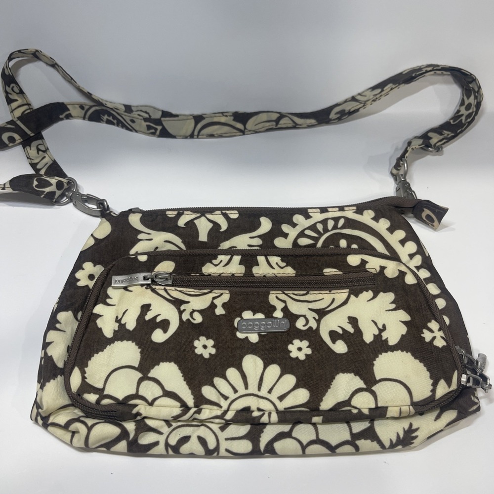 Baggallini Purse Bag Brown Floral Print Convertible Organizer Crossbody Travel